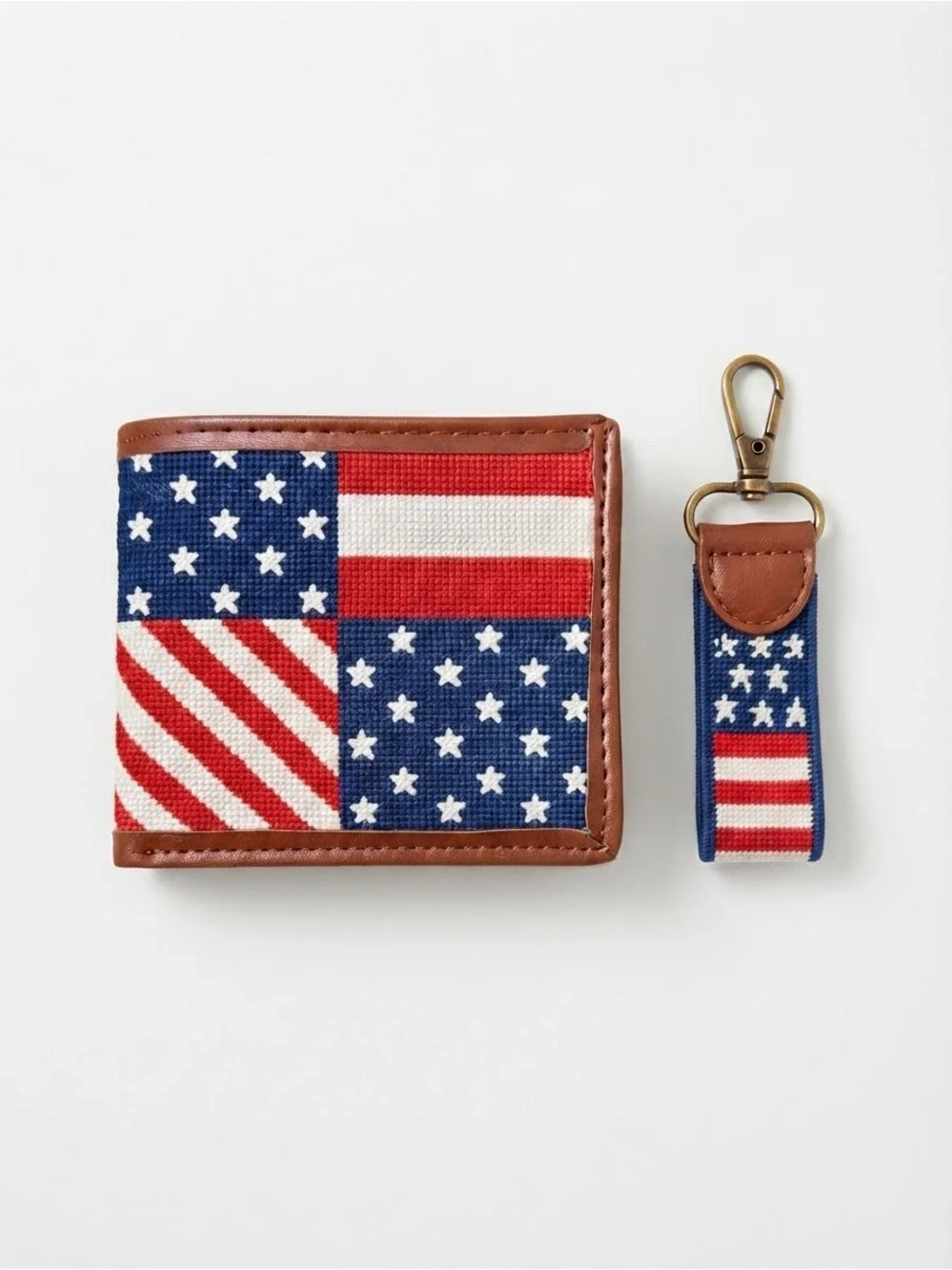 NWT The Kraftsman Co American Flag Needlepoint Wallet & Key Fob Set